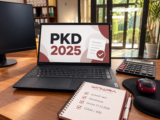 pkd 2025. Laptop, notatnik, kancelaria AG Wowra